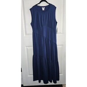 DKNY Tiered Sleeveless Midi Dress Navy Large NWT